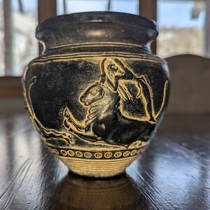 Bull Leaping Knossos Palace Greek Pottery Vase Black Tan Carved Ceramic 5 Inch